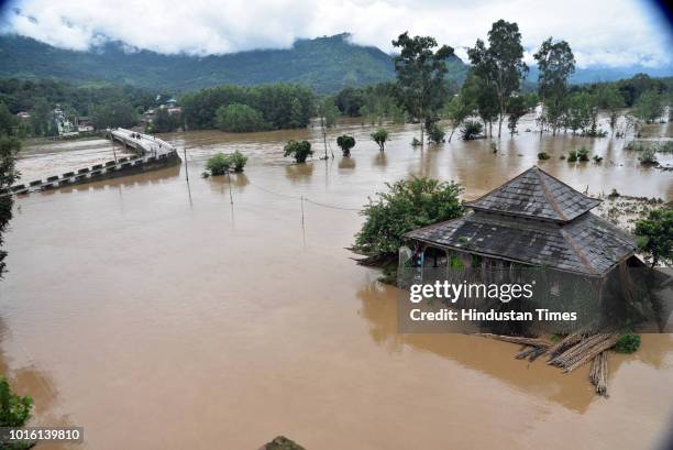 Heavy rainfall flooded Suketi Khad river resulting in waterlogged Balh valley on August 13, 2018 in Mandi, India.