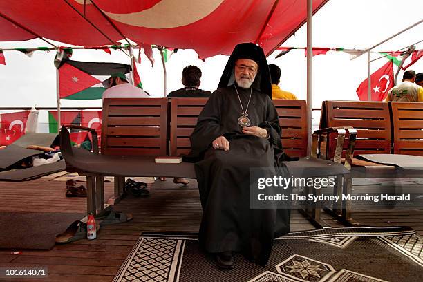 Father Hilarion Capucci, former Catholic archbishop of Palestine, is seen aboard the Turkish passenger ship Mavi Marmara bound for Gaza on May 29,...