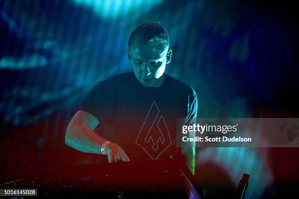 Musician Clayton Knight of the duo Odesza performs onstage during the ALT 98.7 Summer Camp Concert at Queen Mary Events Park on August 12, 2018 in...