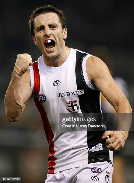 Stephen Milne of the Saints celebrates a goal during the round 11 AFL match between the Richmond Tigers and the St Kilda Saints at Etihad Stadium on...