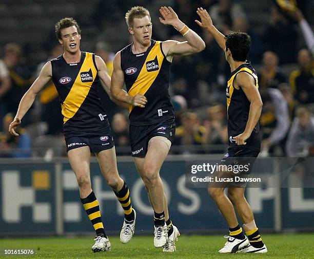 Jack Riewoldt of the Tigers celebrates a goal during the round 11 AFL match between the Richmond Tigers and the St Kilda Saints at Etihad Stadium on...