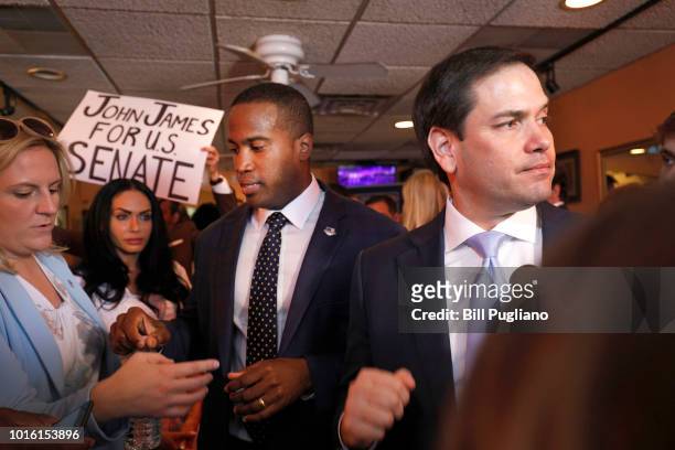 Michigan GOP U.S. Senate candidate John James campaigns with the help of Sen. Marco Rubio at Senor Lopez Restaurant August 13th, 2018 in Detroit,...