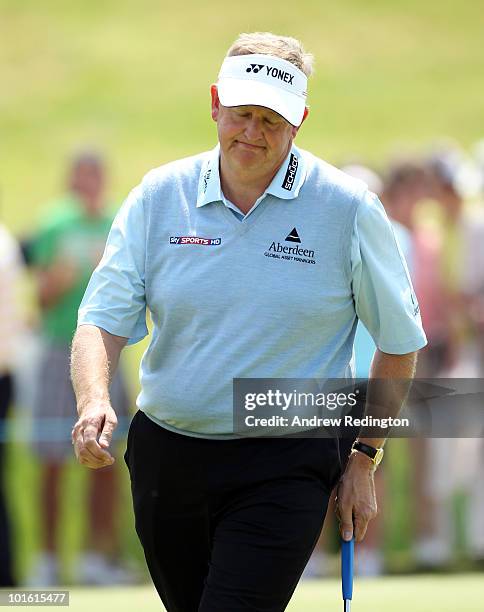 Colin Montgomerie of Scotland in action on the first hole during the second round of the Celtic Manor Wales Open on The Twenty Ten Course at The...
