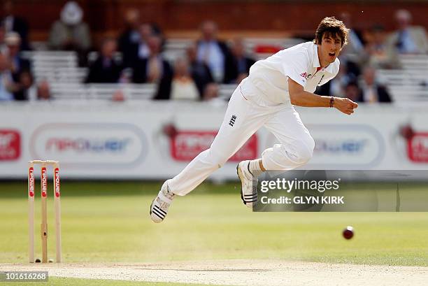 England's Steve Finn bowls on the second day of the first Test match against Bangladesh at Lord's Cricket Ground in London, England on May 28, 2010....