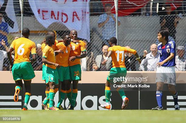 Ivory Coast celebrate a goal during the Japan v Ivory Coast International Friendly match at Stade de Toubillon on June 4, 2010 in Sion, Switzerland.