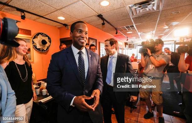 Michigan GOP U.S. Senate candidate John James campaigns with the help of Sen. Marco Rubio at Senor Lopez Restaurant August 13th, 2018 in Detroit,...