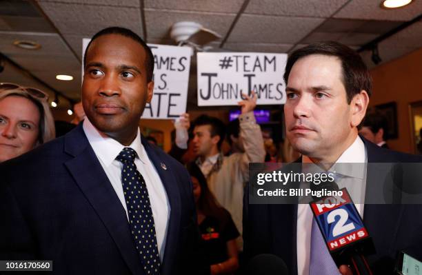 Michigan GOP U.S. Senate candidate John James campaigns with the help of Sen. Marco Rubio at Senor Lopez Restaurant August 13th, 2018 in Detroit,...