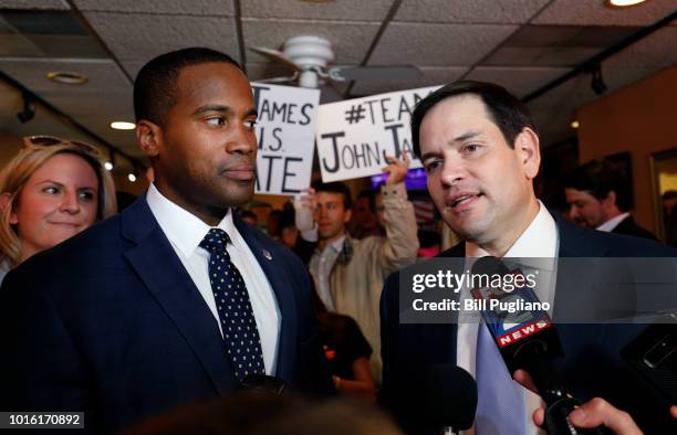 Michigan GOP U.S. Senate candidate John James campaigns with the help of Sen. Marco Rubio at Senor Lopez Restaurant August 13th, 2018 in Detroit,...