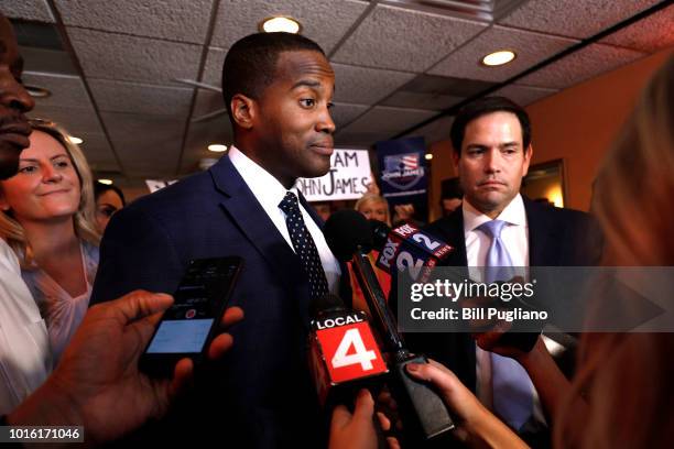 Michigan GOP U.S. Senate candidate John James campaigns with the help of Sen. Marco Rubio at Senor Lopez Restaurant August 13th, 2018 in Detroit,...