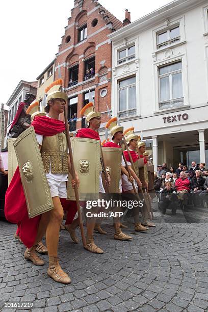 Participants of the Holy Blood Procession in Brugge attend the ceremony on the Grand Place, on the Ascension Day, on May 13, 2010. During the...