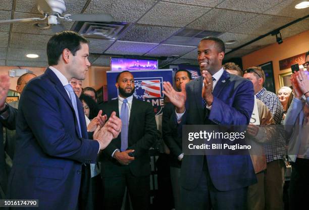 Michigan GOP U.S. Senate candidate John James campaigns with the help of Sen. Marco Rubio at Senor Lopez Restaurant August 13, 2018 in Detroit,...