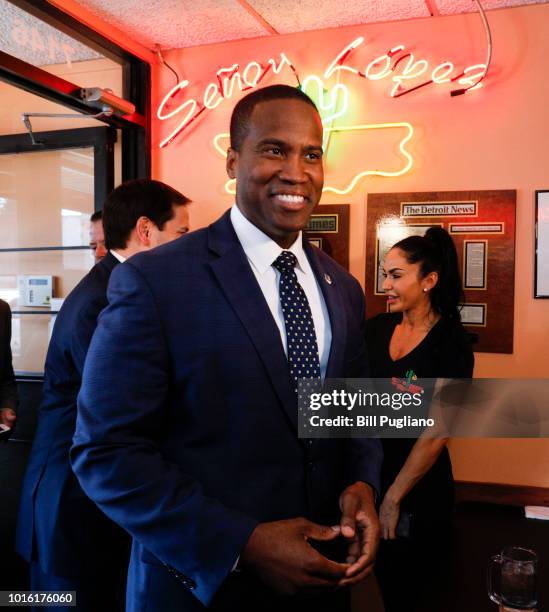 Michigan GOP U.S. Senate candidate John James campaigns with the help of Sen. Marco Rubio at Senor Lopez Restaurant August 13th, 2018 in Detroit,...