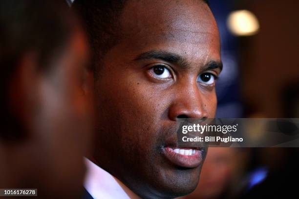 Michigan GOP U.S. Senate candidate John James campaigns with the help of Sen. Marco Rubio at Senor Lopez Restaurant August 13, 2018 in Detroit,...