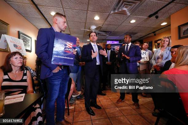 Michigan GOP U.S. Senate candidate John James campaigns with the help of Sen. Marco Rubio at Senor Lopez Restaurant August 13, 2018 in Detroit,...