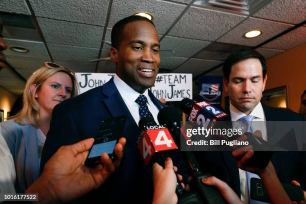 Michigan GOP U.S. Senate candidate John James campaigns with the help of Sen. Marco Rubio at Senor Lopez Restaurant August 13th, 2018 in Detroit,...