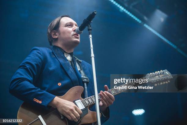 Singer Edwin Farnham Butler III aka Win Butler of the Canadian band Arcade Fire performs live on stage during a concert at the Zitadelle Spandau on...