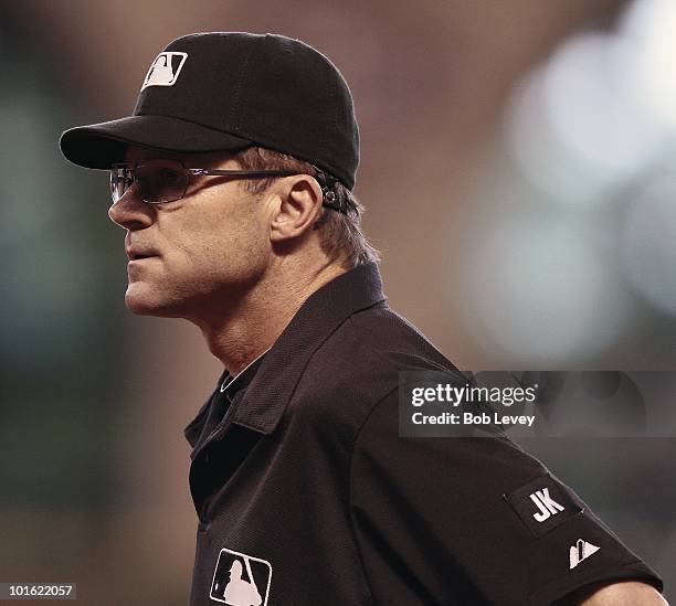 Umpire Bill Hohn during a baseball game between the Washington Nationals and the Houston Astros at Minute Maid Park on June 3, 2010 in Houston,...