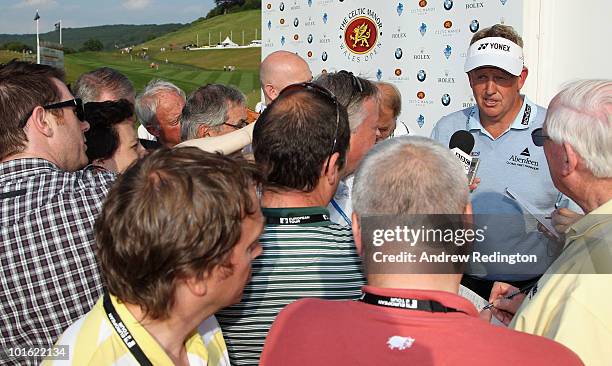 Colin Montgomerie of Scotland faces the media after completing his second round of the Celtic Manor Wales Open on The Twenty Ten Course at The Celtic...