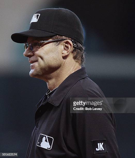 Umpire Bill Hohn during a baseball game between the Washington Nationals and the Houston Astros at Minute Maid Park on June 3, 2010 in Houston,...