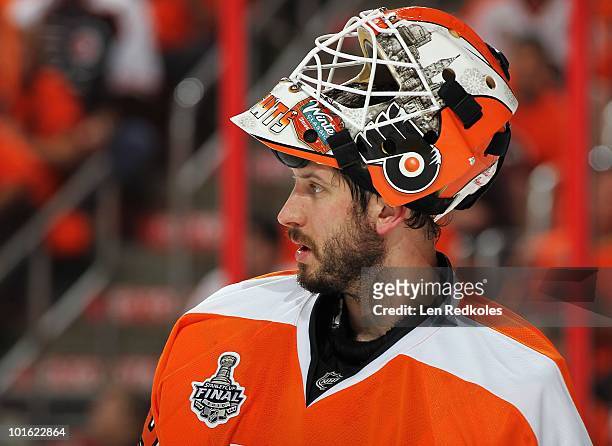 Michael Leighton of the Philadelphia Flyers looks on during a stoppage in play against the Chicago Blackhawks in Game Three of the 2010 NHL Stanley...
