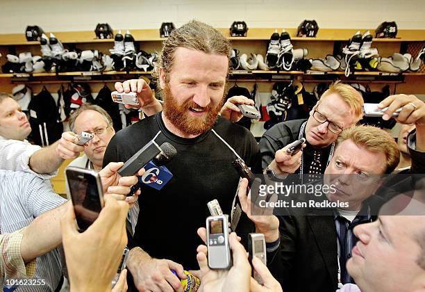 Scott Hartnell of the Philadelphia Flyers speaks to the media after defeating the Chicago Blackhawks 4-3 in Game Three of the 2010 NHL Stanley Cup...