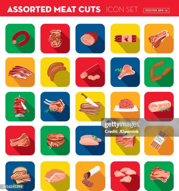 deli meat cuts assorted cuts flat design themed icon set with shadow - chuck stock illustrations