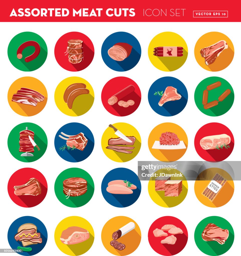 Deli meat cuts assorted cuts Flat Design themed Icon Set with shadow