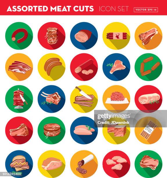 deli meat cuts assorted cuts flat design themed icon set with shadow - raw food icons stock illustrations