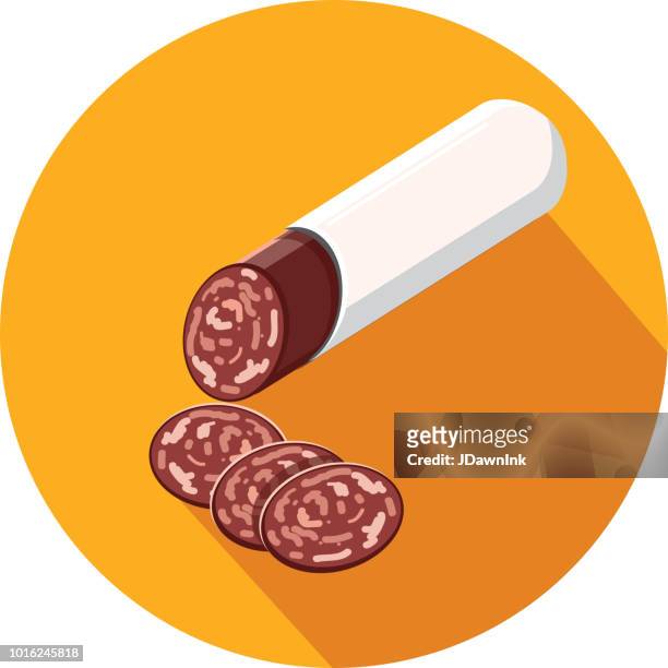 stockillustraties, clipart, cartoons en iconen met deli vlees snijdt salami stick flat design themed pictogram met schaduw - salumeria
