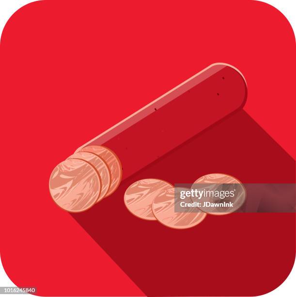 stockillustraties, clipart, cartoons en iconen met deli vlees snijdt pepperoni salami stick flat design themed pictogram met schaduw - salumeria