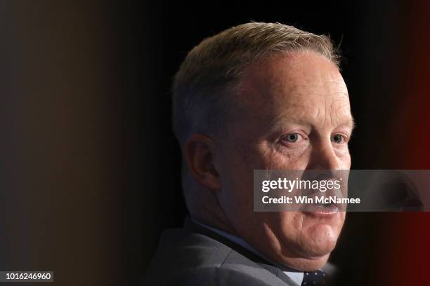 Former White House Press Secretary Sean Spicer answers questions during an appearance at the National Press Club August 13, 2018 in Washington, DC....
