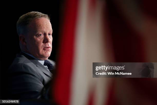 Former White House Press Secretary Sean Spicer answers questions during an appearance at the National Press Club August 13, 2018 in Washington, DC....