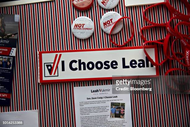 Campaign materials for Leah Vukmir, a Republican Senate candidate from Wisconsin, sit on a table during a campaign stop in Elkhorn, Wisconsin, U.S.,...