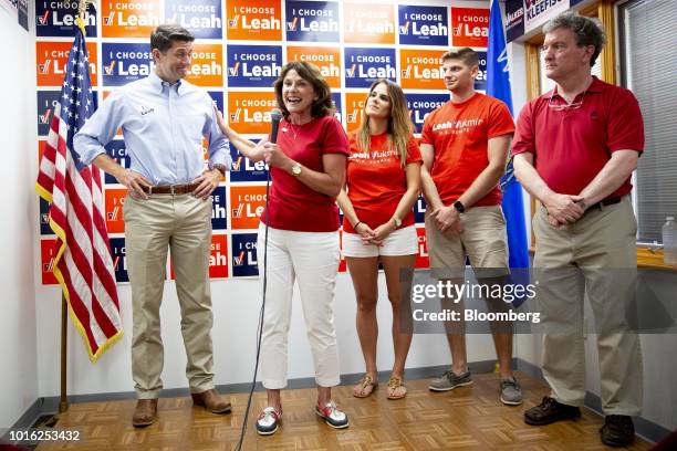 Leah Vukmir, a Republican Senate candidate from Wisconsin, second left, thanks U.S. House Speaker Paul Ryan, a Republican from Wisconsin, left,...