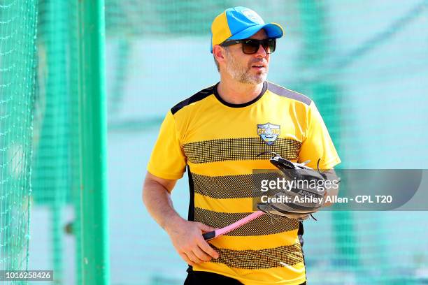 In this handout image provided by CPL T20, Head Coach Brad Hodge during a St Lucia Stars nets and training session at Sabina Park on August 13, 2018...