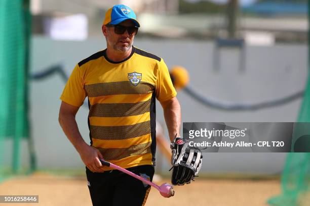In this handout image provided by CPL T20, Head Coach Brad Hodge during a St Lucia Stars nets and training session at Sabina Park on August 13, 2018...