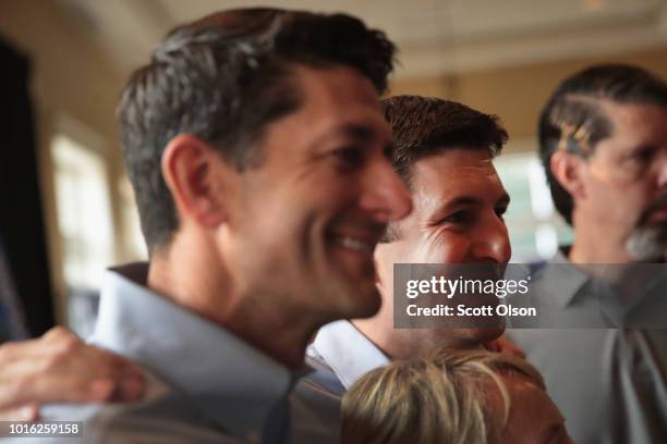 Speaker of the House Paul Ryan campaigns with Republican congressional candidate Bryan Steil during a rally on August 13, 2018 in Burlington,...
