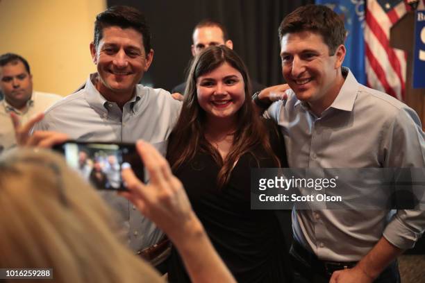 Speaker of the House Paul Ryan campaigns with Republican congressional candidate Bryan Steil at a rally on August 13, 2018 in Burlington, Wisconsin....