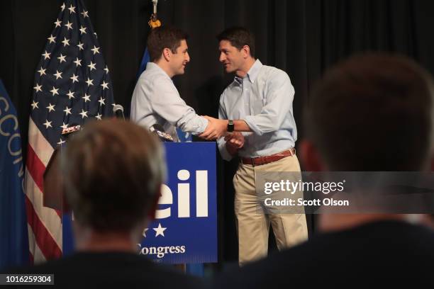 Speaker of the House Paul Ryan campaigns with Republican congressional candidate Bryan Steil at a rally on August 13, 2018 in Burlington, Wisconsin....