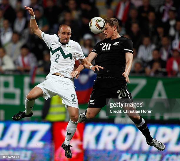 Miso Brecko of Slovenia and Chris Wood of New Zealand go for a header during the International Friendly match between Slovenia and New Zealand at the...