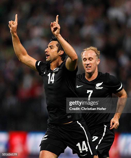 Rory Fallon of New Zealand celebrates his first goal during the International Friendly match between Slovenia and New Zealand at the Stadion Ljudski...