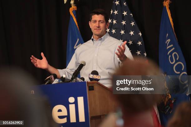 Speaker of the House Paul Ryan campaigns with Republican congressional candidate Bryan Steil at a rally on August 13, 2018 in Burlington, Wisconsin....