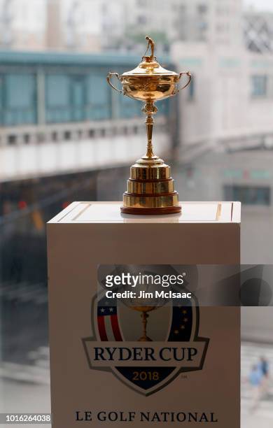The Ryder Cup trophy is seen prior to a game between the New York Yankees and the New York Mets at Yankee Stadium on August 13, 2018 in the Bronx...