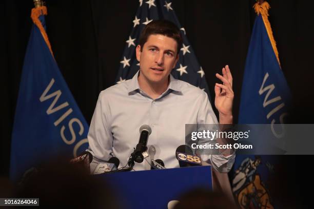 Republican congressional candidate Bryan Steil speaks at a rally on August 13, 2018 in Burlington, Wisconsin. Steil is running in the GOP primary for...