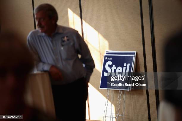 Supporters of Republican congressional candidate Bryan Steil attend a rally with the candidate on August 13, 2018 in Burlington, Wisconsin. Steil is...