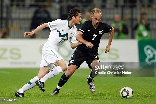 Andraz Kirm of Slovenia and Simon Elliott of New Zealand fight for the ball during the International Friendly match between Slovenia and New Zealand...