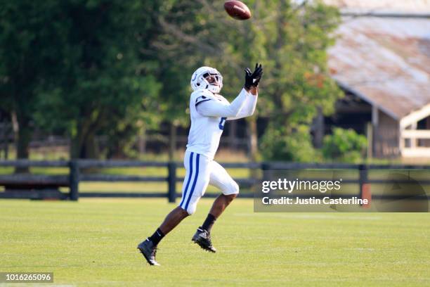 Wide receiver Kasen Williams of the Indianapolis Colts runs through a drill during the Colts' training camp at Grand Park on August 13, 2018 in...