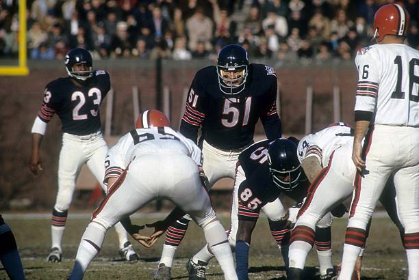 Linebacker Dick Butkus of the Chicago Bears ready to play against the Cleveland Browns on November 30, 1969 during an NFL football game at Wrigley...
