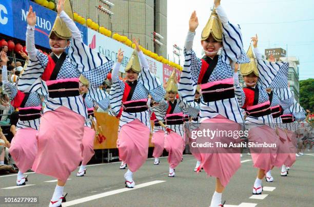 Participants perform during the Awa Odori dance festival on August 12, 2018 in Tokushima, Japan. The dance festival, which had been attracting more...