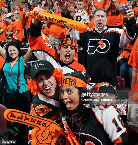 Fans of the Philadelphia Flyers cheer for their team prior to the start of their game against the Chicago Blackhawks in Game Four of the 2010 NHL...